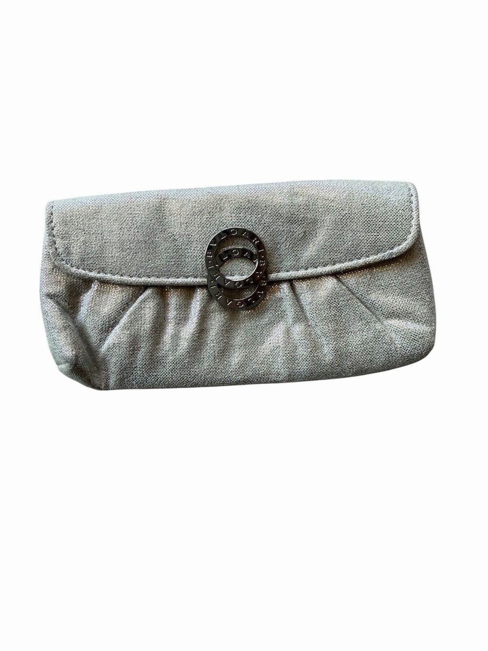 Authentic Bvlgari Parfums Silver Mini Clutch Pouch Cosmetic Bag Dual Ring Logo